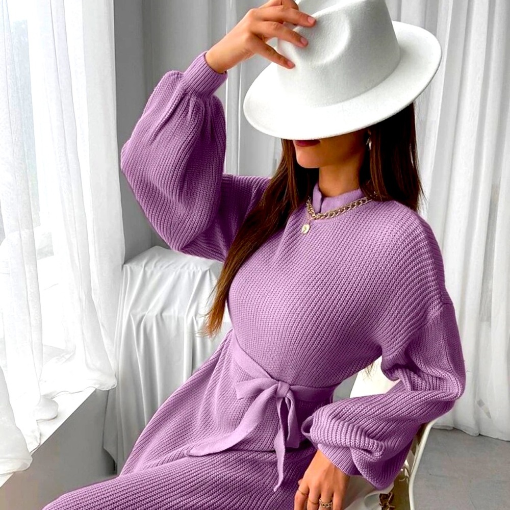 Lantern Sleeve Mock Neck Belted Sweater Dress
